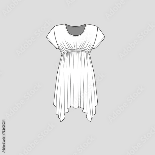 Short Sleeve Asymmetrical top Crew neck waist gathering Ruffles Fashion cad template  flat sketch Drawing