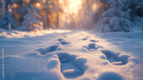 Footprints from Snow Boots Weave a Tale of Exploration Across the Untouched Winter Landscape photo