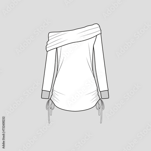 Skew Neck Off Shoulder knotted hem sweatshirt  long sleeve one shoulder  flat sketch template cad drawing design