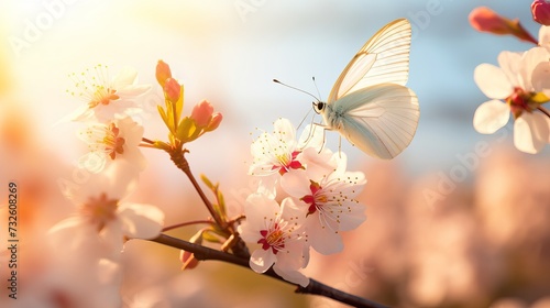 Delicate butterfly on white spring flower in morning sunlight, soft focus easter nature background