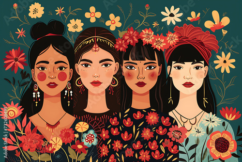 Cartoon women of different nationalities with flowers and plants. International Women's Day background.