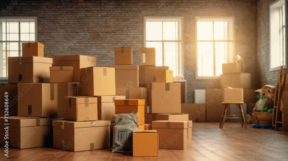 Boxes waiting to be moved into a new home, Moving house day and real estate concept Boxes waiting to be moved into a new home, Moving house day and real estate concept