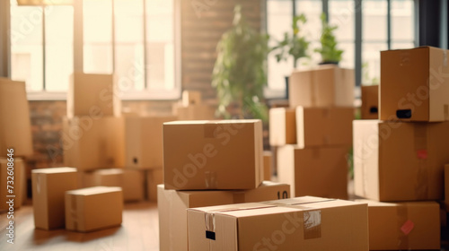 Boxes waiting to be moved into a new home, Moving house day and real estate concept © tong2530