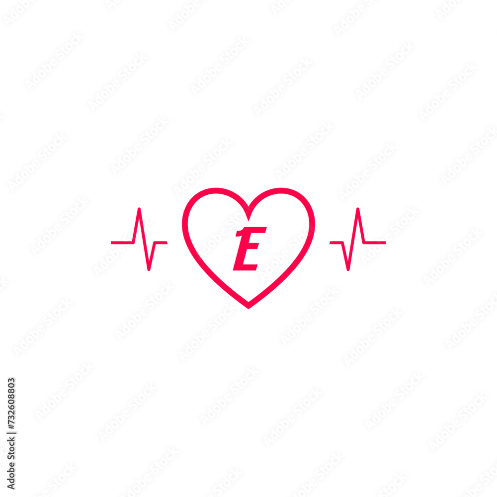 Letter E initial logo in a heart icon with a pulse wave