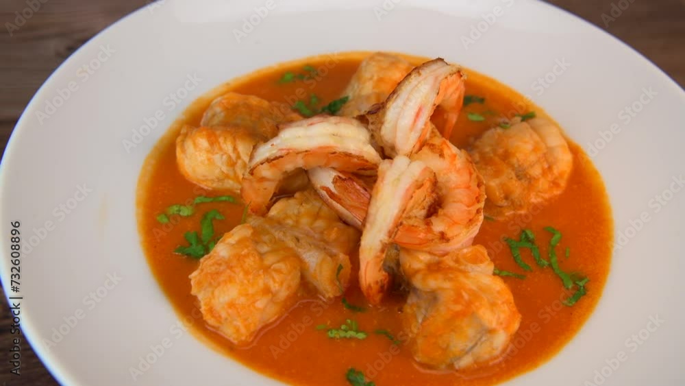 Recipe for Armorican-style monkfish tail, prawns, flambees with cognac, High quality video Recipe for Armorican-style monkfish tail, prawns, flambees with cognac, High quality video