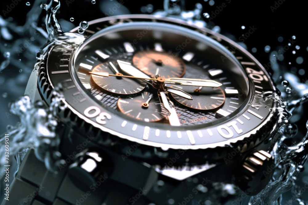 Close up of a Beautiful luxury fashionable silver men's watch with splashes of water
