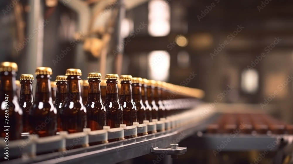 Close up of Brown bottles with beer moving on conveyor, Concept production line of brewery. Close up of Brown bottles with beer moving on conveyor, Concept production line of brewery.