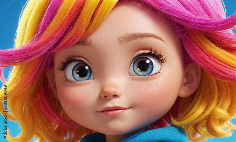 Cute little girl with colorful hair and big eyes looking at camera