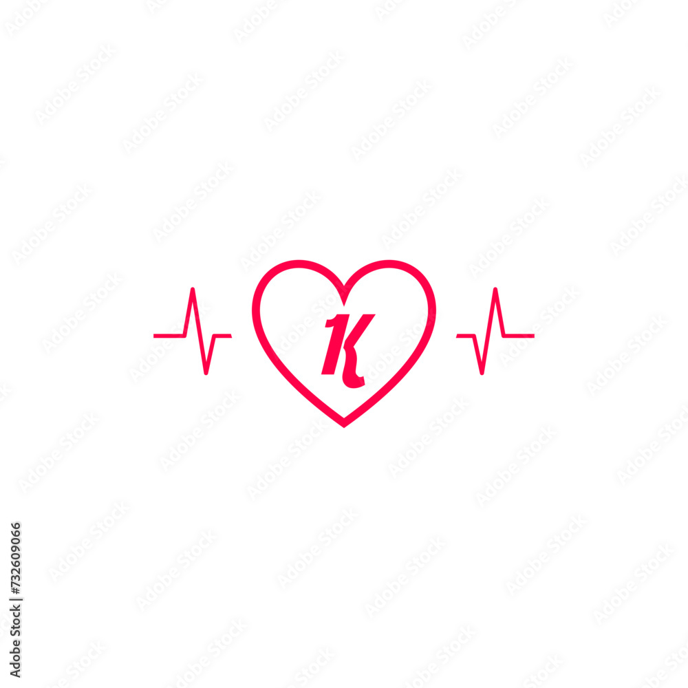 Letter K initial logo in a heart icon with a pulse wave