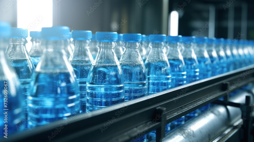 Close up of Drinking water factory, Bottles on a factory conveyor belt with Automatic line for packing drinking water into glass or plastic containers. Close up of Drinking water factory, Bottles on a factory conveyor belt with Automatic line for packing drinking water into glass or plastic containers.