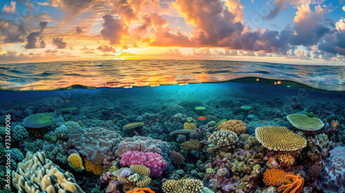 Colorful corals in shallow water tropical lagoon
