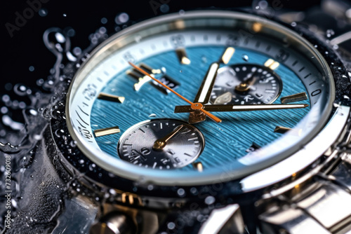 Close up of a Beautiful luxury fashionable silver men's watch with splashes of water