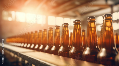 Close up of Brown bottles with beer moving on conveyor  Concept production line of brewery.