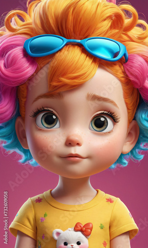 Cute little girl with colorful hair and big eyes looking at camera