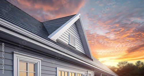 A White Frame Gutter Guard System Against Grey Vinyl Siding, Under a Dramatic Sunset Sky at a Luxurious American Home photo