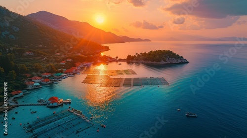 An Aerial Perspective of a Fish Farm Off the Mediterranean Coast, Bathed in Twilight Hues photo