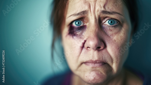 Sad and tired middle aged white woman with bruised eye, victim of domestic violence
