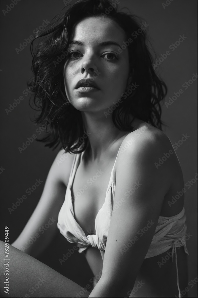Fototapeta premium Portrait view of young beautiful woman, black and white photography