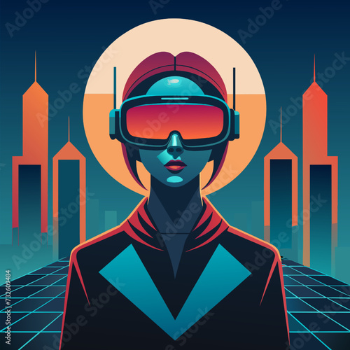 Futuristic woman in futuristic helmet. Cyberpunk style. Vector illustration