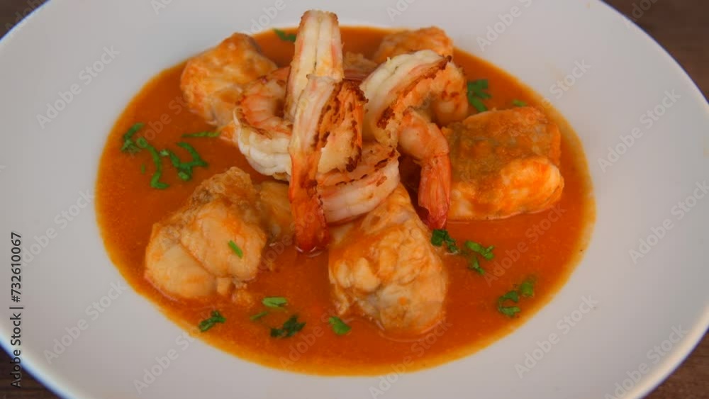 Recipe for Armorican-style monkfish tail, prawns, flambees with cognac, High quality video Recipe for Armorican-style monkfish tail, prawns, flambees with cognac, High quality video