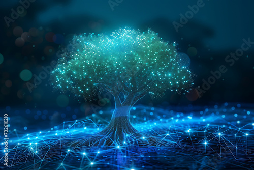 Tree with futuristic network connection technology big data. Blue neon background.