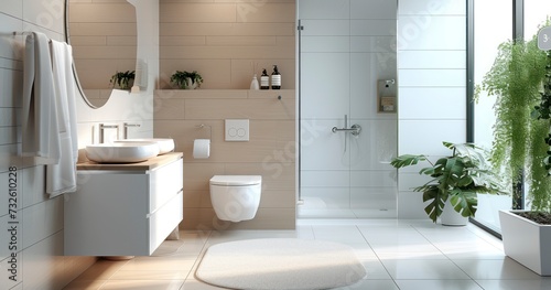 A Hybrid of Modern and Traditional Bathroom Design  with Panels in Soft Beige  Aglow with Natural Light