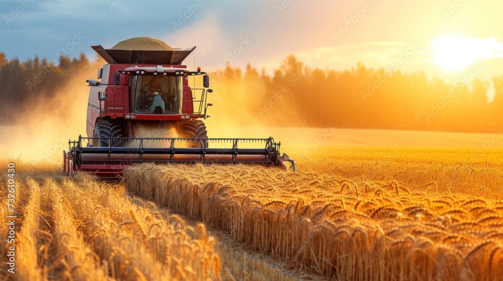 Fototapeta premium Combine of Grain Harvesting in Field