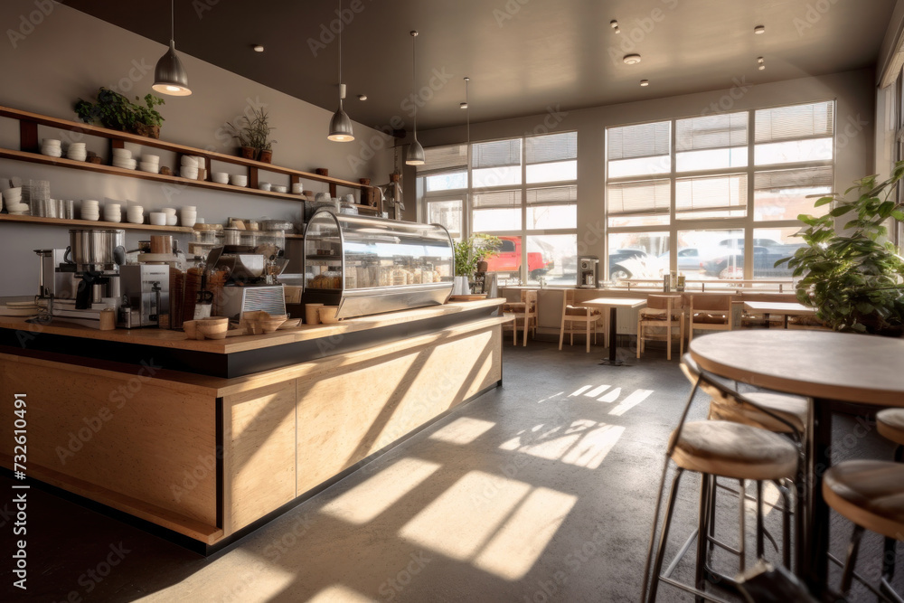 Design of a coffee shop with kitchen counter and sitting area. Design of a coffee shop with kitchen counter and sitting area.