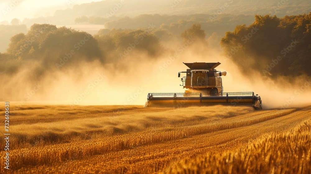 Obraz premium A Combine Harvesting Grain in a Field