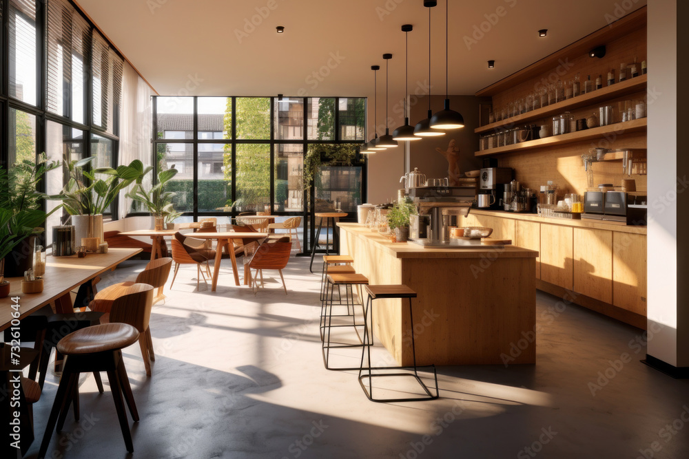 Design of a coffee shop with kitchen counter and sitting area.