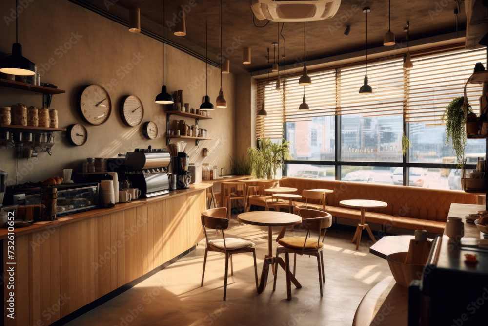 Design of a coffee shop with kitchen counter and sitting area. Design of a coffee shop with kitchen counter and sitting area.