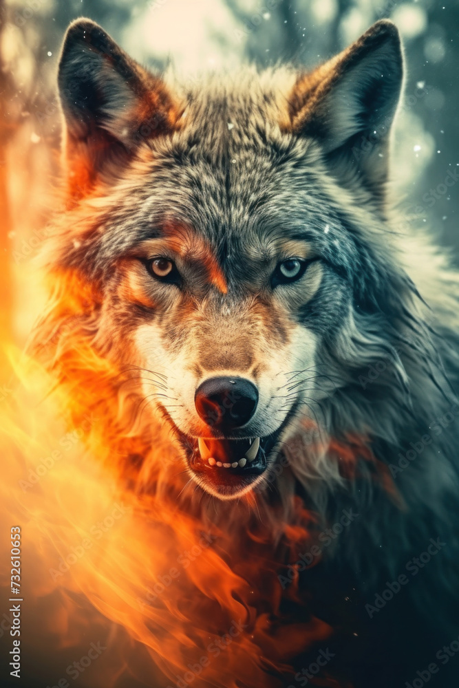 Double exposure of a forest fire inside a wolf. Double exposure of a forest fire inside a wolf.
