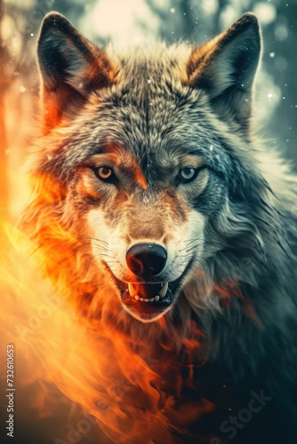 Double exposure of a forest fire inside a wolf.