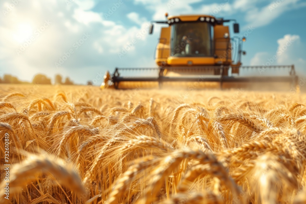 Fototapeta premium A Large Yellow Tractor in a Wheat Field
