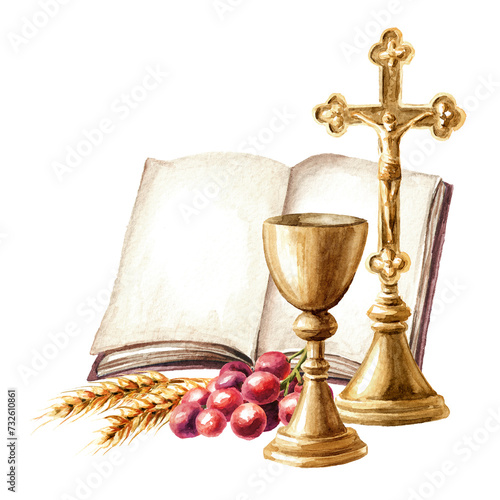 Eucharist. Holy Communion concept., Hand drawn watercolor illustration isolated on white background