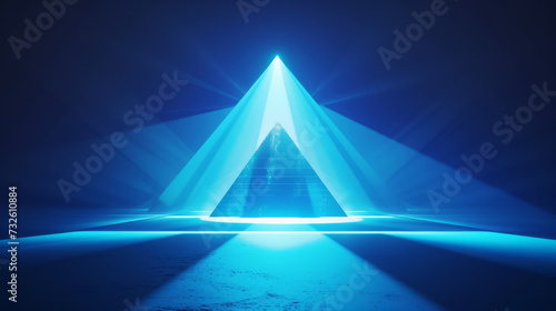 A spotlight with a cool blue hue with a pyramid.