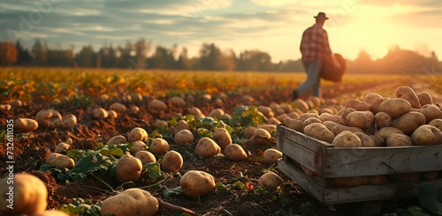Farmer is harvesting potatoes in the field. potatoes in box across the field harvest time vegetable production photo