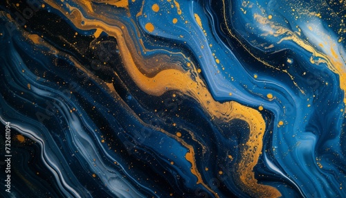 Abstract Marble Golden powder clouds background. Blu background liquid gold, black string acrylic