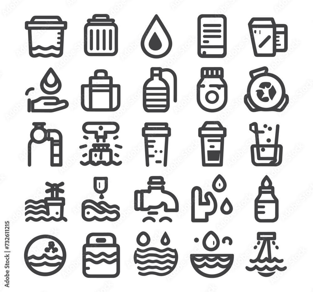 Editable vector pack of water icons. Water drops icon set. Editable vector pack of water line icons. A drop of water. Glass, magnifier, washing hands, shower. Vector illustration Editable vector pack of water icons. Water drops icon set. Editable vector pack of water line icons. A drop of water. Glass, magnifier, washing hands, shower. Vector illustration