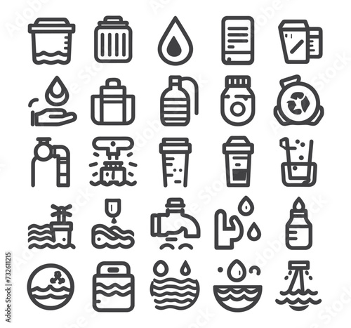 Editable vector pack of water icons. Water drops icon set. Editable vector pack of water line icons. A drop of water. Glass, magnifier, washing hands, shower. Vector illustration