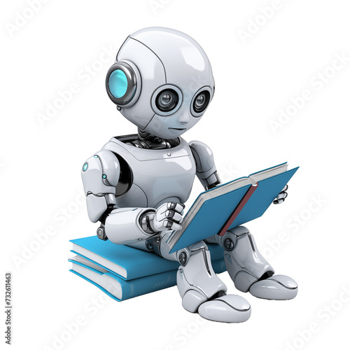 cute robot with book in isolated background transparant