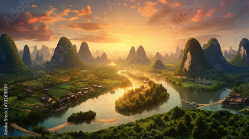 Guangxi region of China, Karst mountains and river Li in Guilin. photo