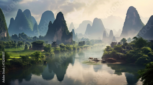 Guangxi region of China, Karst mountains and river Li in Guilin.