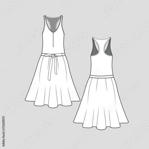 Zipper Sleeveless tank Dress waist knotted ruffles Fashion flat sketch technical outline drawing template design
