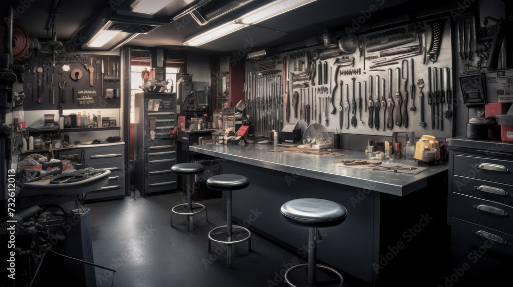 inside of tool room with a bar for tools in a gray color. - obrazy, fototapety, plakaty 