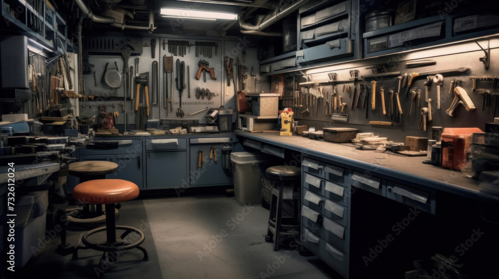inside of tool room with a bar for tools in a gray color.