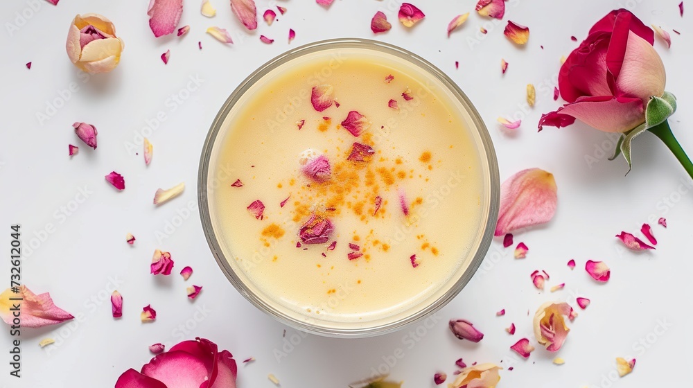 An Indian sweet lassi, infused with saffron and rose water on a white background. Drink in a balanced combination of floral sweetness and subtle spicy notes that delights the palate. An Indian sweet lassi, infused with saffron and rose water on a white background. Drink in a balanced combination of floral sweetness and subtle spicy notes that delights the palate.