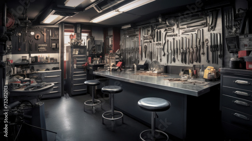 inside of tool room with a bar for tools in a gray color. photo