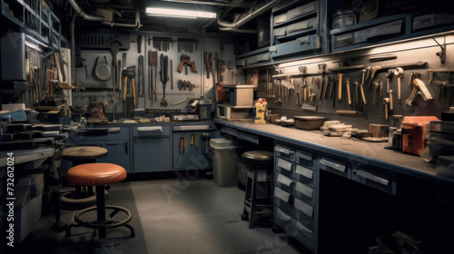 inside of tool room with a bar for tools in a gray color.