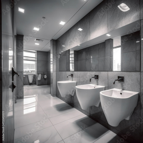 Interior of bathroom with sink basin faucet lined up and hotel toilet urinals  Modern design